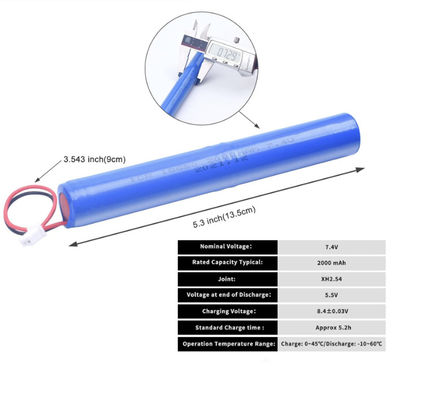 ICR18650 2S1P 7.4V 2000mAh Li-ionbatterij met 500 cyclusduur overstromingsbescherming en klasse A-cellen