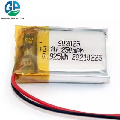 IEC 62133 KC Goedgekeurde polymeroplaadbare Lipo 602025 250mah 3.7v lithiumbatterie