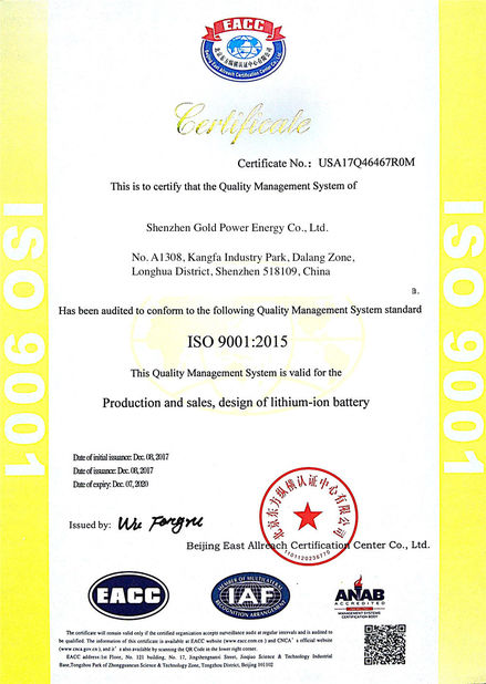 China shenzhen gold power energy co.,ltd Certificaten