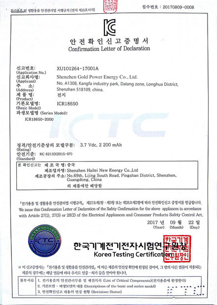 China shenzhen gold power energy co.,ltd Certificaten
